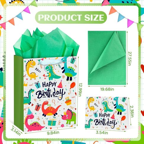 حقيبة هدايا عيد ميلاد Rumia Dinosaur للأولاد - حقائب هدايا T -Rex مع ورق الأنسجة وبطاقة الترحيب وورق Dino الأخضر - لوازم زخرفة حفلات الأطفال in Kuwait