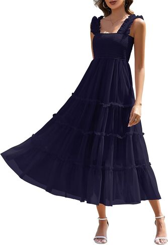 HEEKPEK Womens Summer Midi Dresses 2025 Flowy Tulle Sleeveless Smocked Square Neck Ruffle Tiered Sundress Wedding Guest Party in Kuwait