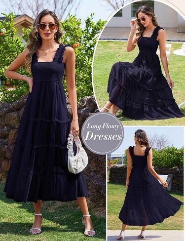 HEEKPEK Womens Summer Midi Dresses 2025 Flowy Tulle Sleeveless Smocked Square Neck Ruffle Tiered Sundress Wedding Guest Party in Kuwait
