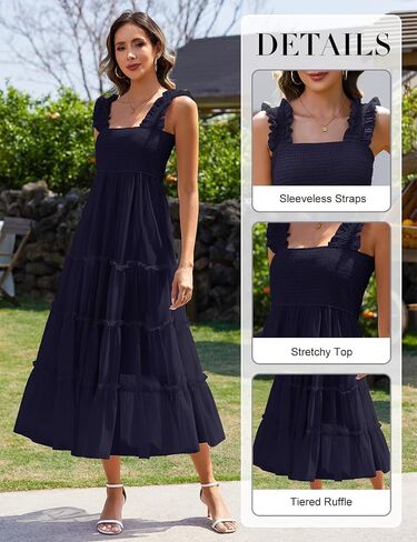 HEEKPEK Womens Summer Midi Dresses 2025 Flowy Tulle Sleeveless Smocked Square Neck Ruffle Tiered Sundress Wedding Guest Party in Kuwait