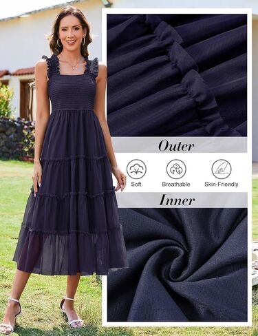 HEEKPEK Womens Summer Midi Dresses 2025 Flowy Tulle Sleeveless Smocked Square Neck Ruffle Tiered Sundress Wedding Guest Party in Kuwait