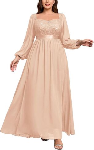 MISSMAY Women's Plus Size Sequin Lace Square V Neck Sheer Long Sleeves Formal Evening Chiffon Long Dress in Kuwait