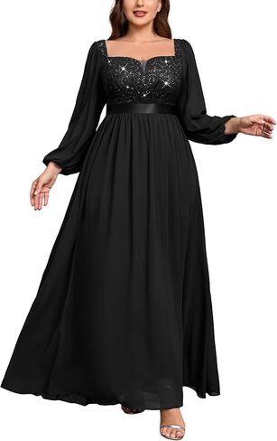 Missmay Women's Plus Seale Sequin Lace Square V Neck Alevives Long Sleeves Assial Evening Chiffon Long in Kuwait