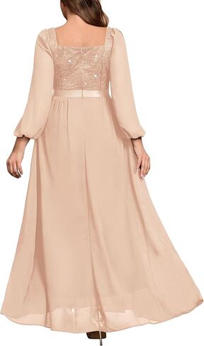 MISSMAY Women's Plus Size Sequin Lace Square V Neck Sheer Long Sleeves Formal Evening Chiffon Long Dress in Kuwait