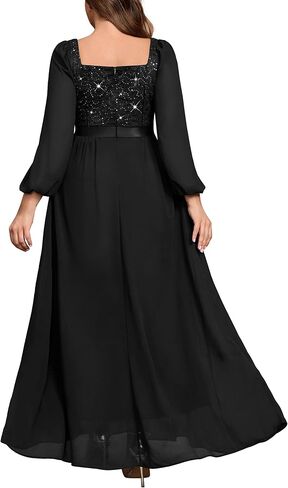 Missmay Women's Plus Seale Sequin Lace Square V Neck Alevives Long Sleeves Assial Evening Chiffon Long in Kuwait