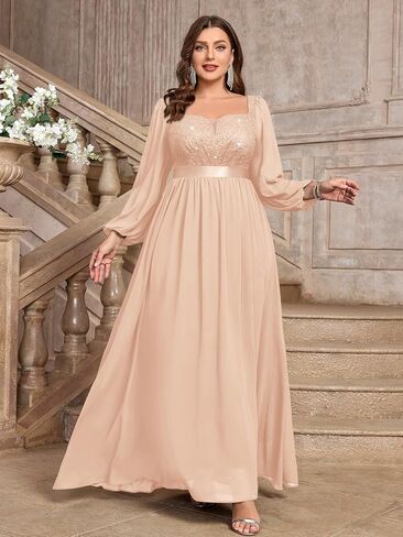 MISSMAY Women's Plus Size Sequin Lace Square V Neck Sheer Long Sleeves Formal Evening Chiffon Long Dress in Kuwait