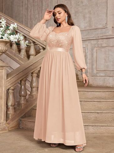 MISSMAY Women's Plus Size Sequin Lace Square V Neck Sheer Long Sleeves Formal Evening Chiffon Long Dress in Kuwait