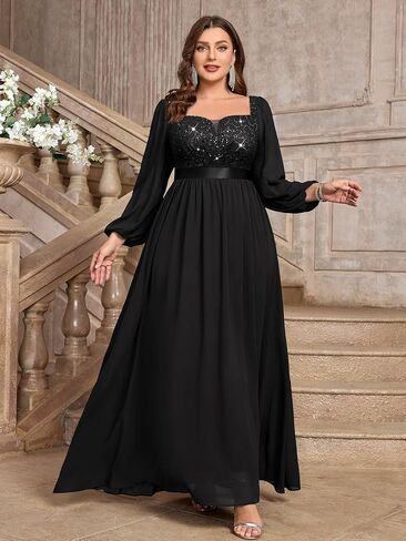 Missmay Women's Plus Seale Sequin Lace Square V Neck Alevives Long Sleeves Assial Evening Chiffon Long in Kuwait