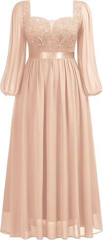 MISSMAY Women's Plus Size Sequin Lace Square V Neck Sheer Long Sleeves Formal Evening Chiffon Long Dress in Kuwait