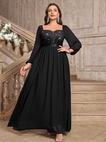 Missmay Women's Plus Seale Sequin Lace Square V Neck Alevives Long Sleeves Assial Evening Chiffon Long in Kuwait