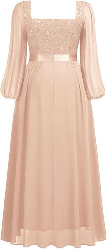 MISSMAY Women's Plus Size Sequin Lace Square V Neck Sheer Long Sleeves Formal Evening Chiffon Long Dress in Kuwait
