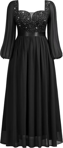 Missmay Women's Plus Seale Sequin Lace Square V Neck Alevives Long Sleeves Assial Evening Chiffon Long in Kuwait