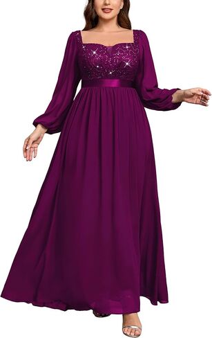 MISSMAY Women's Plus Size Sequin Lace Square V Neck Sheer Long Sleeves Formal Evening Chiffon Long Dress in Kuwait