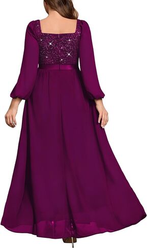 MISSMAY Women's Plus Size Sequin Lace Square V Neck Sheer Long Sleeves Formal Evening Chiffon Long Dress in Kuwait