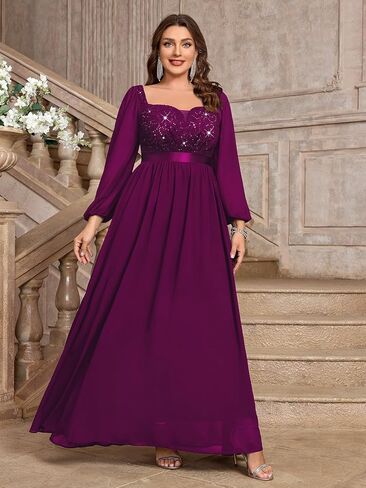 MISSMAY Women's Plus Size Sequin Lace Square V Neck Sheer Long Sleeves Formal Evening Chiffon Long Dress in Kuwait