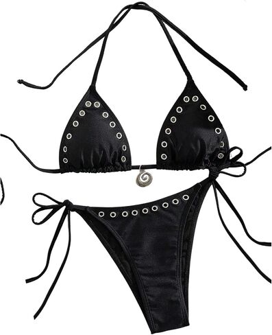 WDIRARA Women's 2 Piece Bikini Set Grommet Eyelet Halter Triangle String Swimsuit Tie Side Bathing Suit in Saudi Arabia