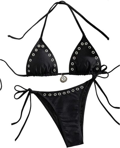 Wdirara Women's 2 قطعة بيكيني مجموعة Grommet Eyelet Halter Triangle String Swimsuit Tie Sid in Kuwait