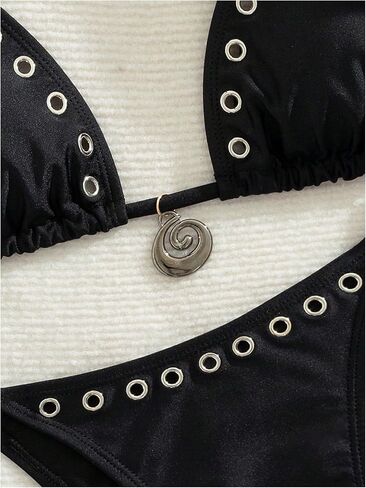WDIRARA Women's 2 Piece Bikini Set Grommet Eyelet Halter Triangle String Swimsuit Tie Side Bathing Suit in Saudi Arabia