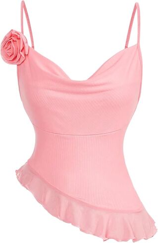 OYOANGLE Women's 3D Floral Cowl Neck Ruched Mesh Cami Top Asymmetrical Ruffle Hem Camisole in Saudi Arabia