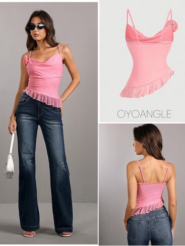 OYOANGLE Women's 3D Floral Cowl Neck Ruched Mesh Cami Top Asymmetrical Ruffle Hem Camisole in Saudi Arabia