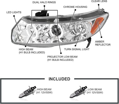 توليف المواصفات المصابيح الأمامية LED Projector Leads Grosing Black Housing Smoke Lens متوافقة مع 2006-2011 Honda Civic 2 Door Coupe ، Left + Lride Pair Assembly Assembly in Kuwait