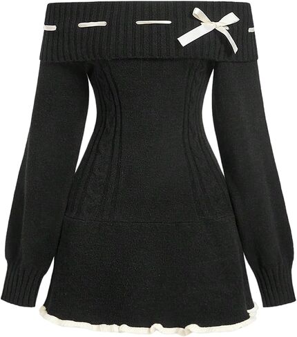 Soly Hux Women's Off the Counter Sweater Dress Bow Knit Mini Dresses BodyCon Long Sleeve Sweater Dress in Saudi Arabia
