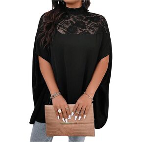 Verdusa Women's Plus Size Contrast Lace Oversized Dolman Sleeve Mock Neck Tunic Tops in Saudi Arabia