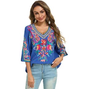YZXDORWJ Women's Summer Embroidered Mexican Shirts Short Sleeve Casual Tops Blouse in Kuwait