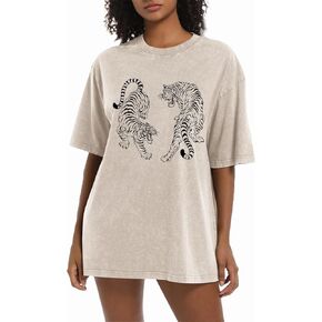 Tiger Graphic Tees Shirt for Women Oversized Streetwear Shirts Acid Wash Tshirt Tigers Print Cotton Summer Tops in Kuwait