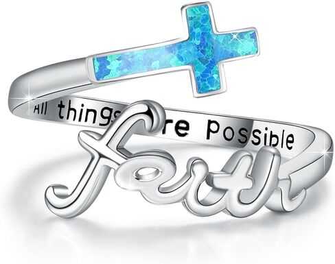 Faith Cross Ring ، الفضة الاسترليني القابلة للتعديل أذن البحر/الفيروز/أوبال الديني المسيحي حلقات الإيمان الملهمة للنساء in Kuwait