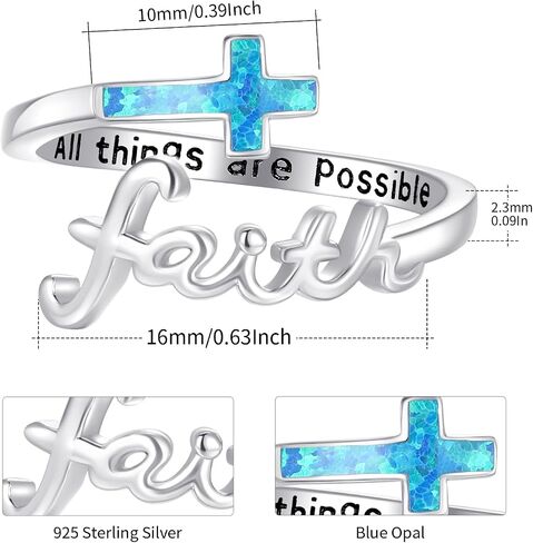 Faith Cross Ring ، الفضة الاسترليني القابلة للتعديل أذن البحر/الفيروز/أوبال الديني المسيحي حلقات الإيمان الملهمة للنساء in Kuwait
