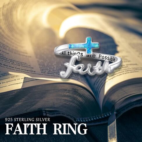 Faith Cross Ring ، الفضة الاسترليني القابلة للتعديل أذن البحر/الفيروز/أوبال الديني المسيحي حلقات الإيمان الملهمة للنساء in Kuwait