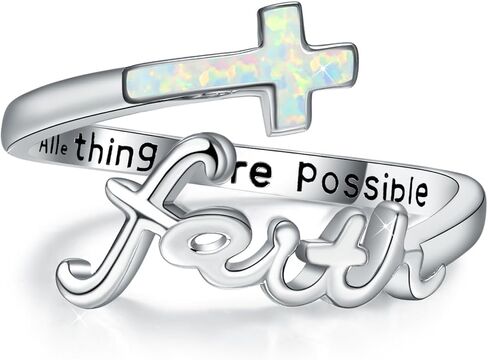 Faith Cross Ring ، الفضة الاسترليني القابلة للتعديل أذن البحر/الفيروز/أوبال الديني المسيحي حلقات الإيمان الملهمة للنساء in Kuwait