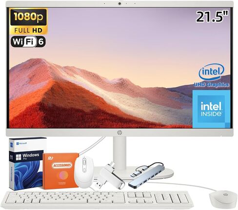 HP 21.5" All in One Desktop Computer, with Office Pro Lifetime License, Intel Celeron J4025, 21.5 inch FHD Anti-Glare, WiFi 6, BT 5.3, 32 GB DDR4, 2 TB SSD, Wired Keyboard & Mouse, Windows 11 Pro in Saudi Arabia
