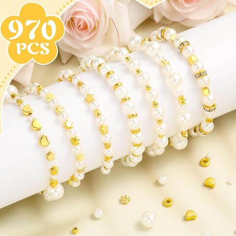 Pearl Beads for Jewelry Making, 1048 Pieces Round Pearl Beads and Gold Beads for Bracelet Making, 5 Sizes in Kuwait