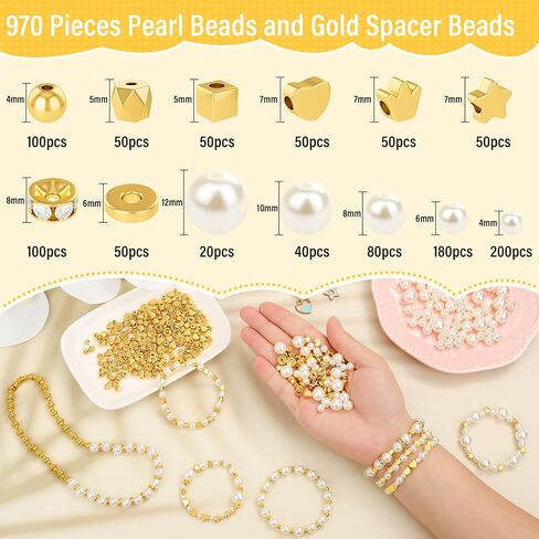 Pearl Beads for Jewelry Making, 1048 Pieces Round Pearl Beads and Gold Beads for Bracelet Making, 5 Sizes in Kuwait