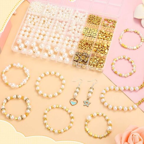 Pearl Beads for Jewelry Making, 1048 Pieces Round Pearl Beads and Gold Beads for Bracelet Making, 5 Sizes in Kuwait