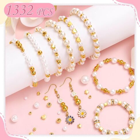 Pearl Beads for Jewelry Making, 1048 Pieces Round Pearl Beads and Gold Beads for Bracelet Making, 5 Sizes in Saudi Arabia
