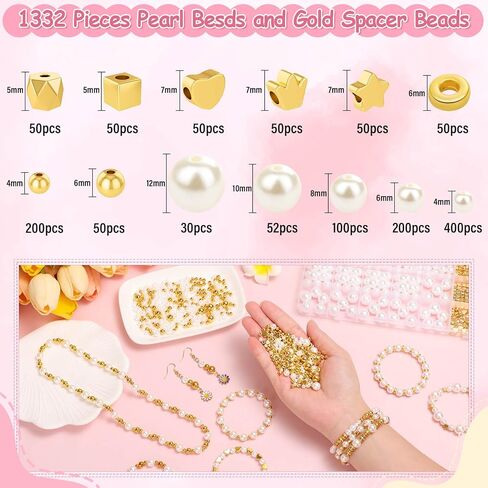 Pearl Beads for Jewelry Making, 1048 Pieces Round Pearl Beads and Gold Beads for Bracelet Making, 5 Sizes in Saudi Arabia