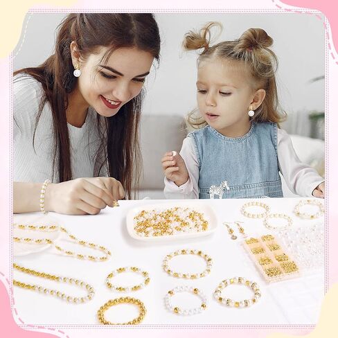 Pearl Beads for Jewelry Making, 1048 Pieces Round Pearl Beads and Gold Beads for Bracelet Making, 5 Sizes in Saudi Arabia