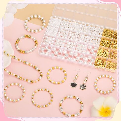 Pearl Beads for Jewelry Making, 1048 Pieces Round Pearl Beads and Gold Beads for Bracelet Making, 5 Sizes in Saudi Arabia