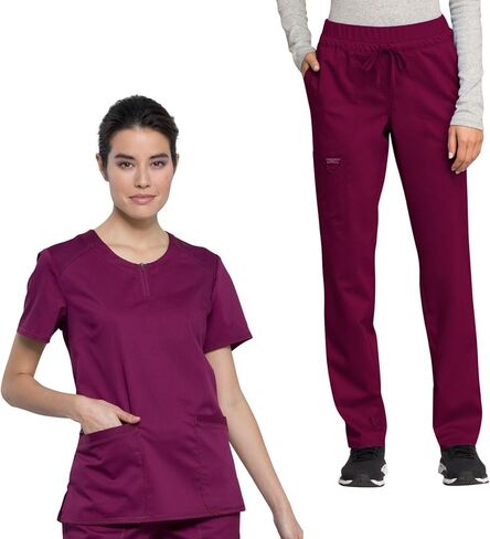 Cherokee Scrub Set for Women Zip Round Neck Scrub Top WW602 Mid Rise Tapered Leg Drawstring Scrub Pant WW105 in Saudi Arabia
