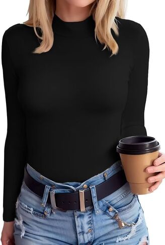 SANDERY Long Sleeve Shirts for Women Casual Mock Turtleneck Shirts Basic Ribbed Slim Fitted Cute Blouse in Saudi Arabia