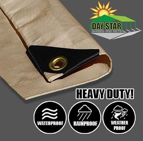 (Beige/Tan) Heavy Duty Premium Poly Tarp 12 Mil Thickness 3 Ply Coated Reinforced Canopy 6 oz 3 Layer (8'x12') Finished Size 7'.6 x 11'.6 in Kuwait