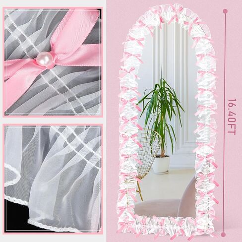 Leinuosen Pink Bow Lace Mirror Frame Trim 16.4 FT Bow Lace Lorder for Mirror Decor ، Romantage and Vintage Girl Bey Bather Decor in Saudi Arabia