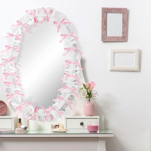 Leinuosen Pink Bow Lace Mirror Frame Trim 16.4 FT Bow Lace Lorder for Mirror Decor ، Romantage and Vintage Girl Bey Bather Decor in Saudi Arabia
