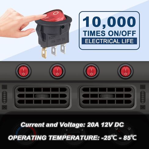 Round Rocker Switch 12V 20A الضوء الأحمر Iluminated Rocker Switch On Off 3 Pin Circle Square Toggles Toggles لقارب شاحنة سيارة RV (حزمة من 5 مساءً) in Kuwait
