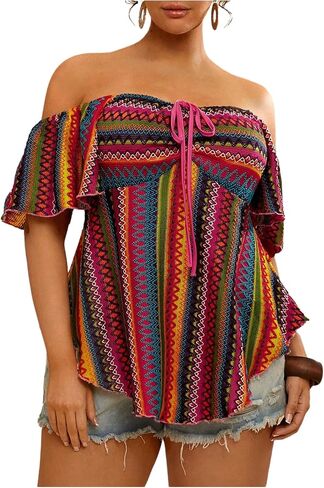 Wdirara Women's Plus Size Boho مخططة قبالة قميص Tee Teae الكتف in Saudi Arabia