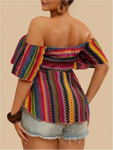 Wdirara Women's Plus Size Boho مخططة قبالة قميص Tee Teae الكتف in Saudi Arabia