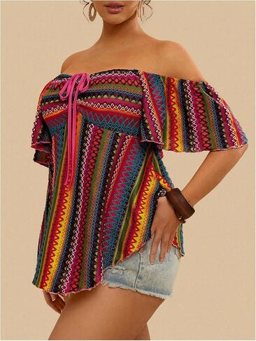 Wdirara Women's Plus Size Boho مخططة قبالة قميص Tee Teae الكتف in Saudi Arabia